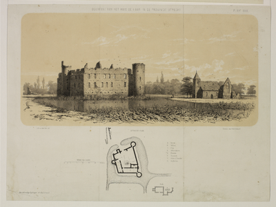 206306 Gezicht op de ruïne en de kapel van het kasteel De Haar bij Haarzuilens uit het zuiden, met een plattegrond van ...